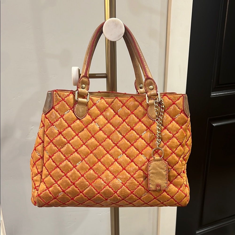 Vintage Olivia Harris Quilted Tote with Gold & Red Accents